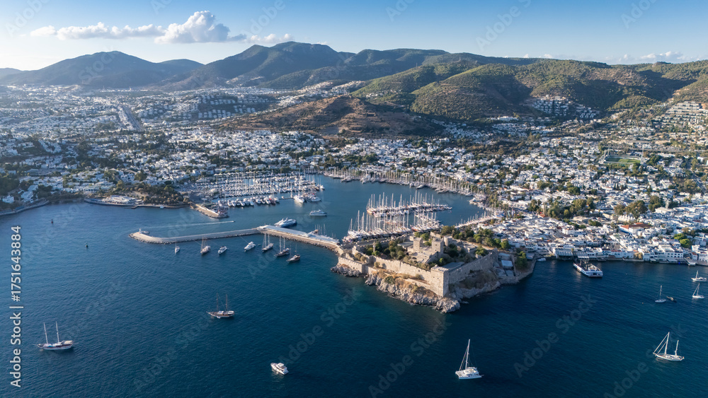Obraz premium Aerial View of Bodrum Marina and Castle, Scenic Coastline of Turkey