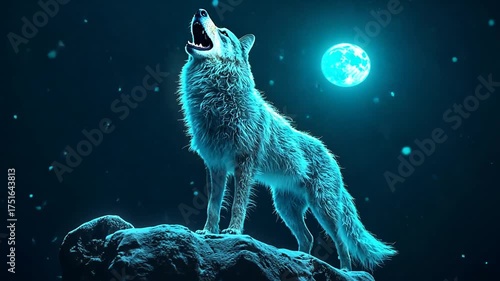 Majestic wolf howls at glowing blue moon on snow covered rock at night with wilderness spirit for mystery nature wildlife fantasy design concept
