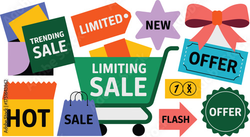 Bright Colorful Shopping Sale Illustrations Featuring Trending, Hot, Flash, Limited, and New Offers