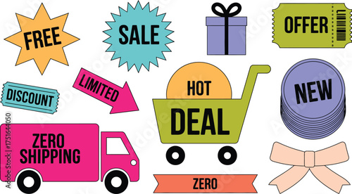 Cartoon Illustration Free Shipping Truck, Sale Burst, Gift, Offer, Discount, New Stickers, and Hot Deal Cart