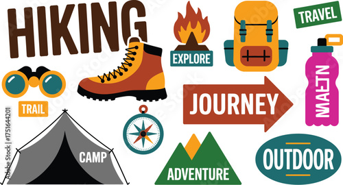 Cartoon Style Hiking Adventure Illustration with Boots, Backpack, Tent, and Outdoor Exploration Elements
