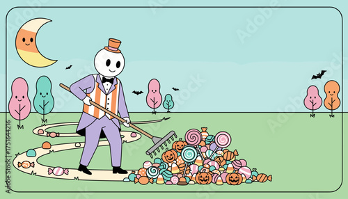 Cheerful character raking a massive pile of Halloween candies under a friendly candy corn moon