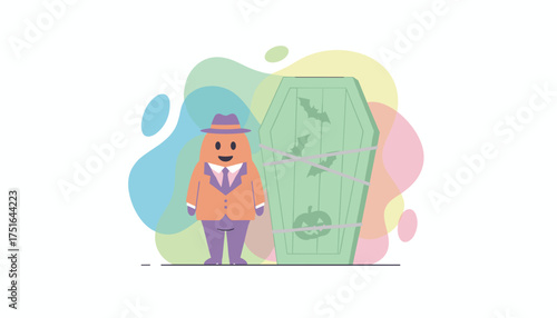 Friendly cartoon character in a suit beside a spooky Halloween coffin with bats and pumpkin Fun seasonal design