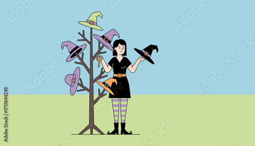 Young woman choosing a witch hat from a tree preparing for Halloween celebration