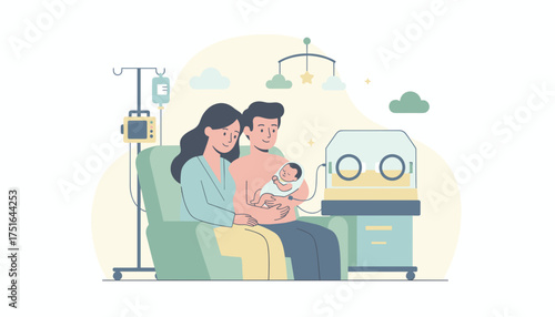 Loving parents with their newborn baby in a hospital room symbolizing family care and new beginnings