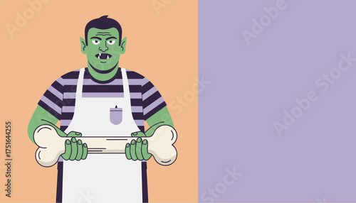 Green monster character in apron holding a large bone ideal for Halloween or fantasy themes