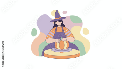 Person in witch hat crafting a pumpkin on a potters wheel Autumn Halloween creativity hobby