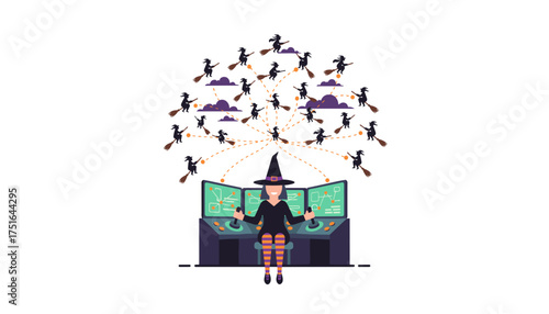 Witch operates a hightech control panel managing a fleet of flying broomsticks for Halloween