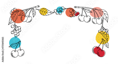Decorative fruity vine border with colorful circles and leaves on a white background.