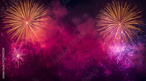 Festive Golden Firework Burst in Night Sky with Pink and Purple Smoke