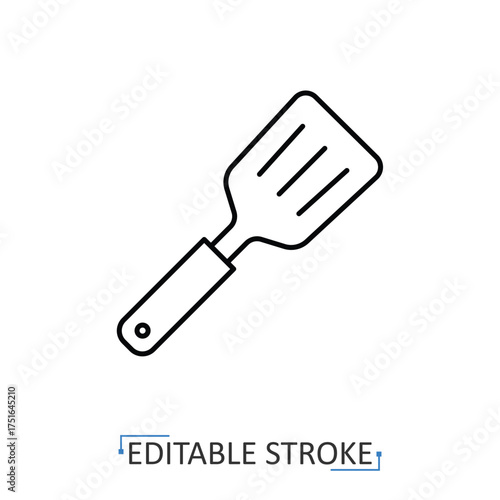 A kitchen spatula icon in a minimalist line style with editable stroke. Cooking utensil, kitchenware tool, BBQ equipment, food flipping, frying pan accessory, grill preparation, household cooking.
