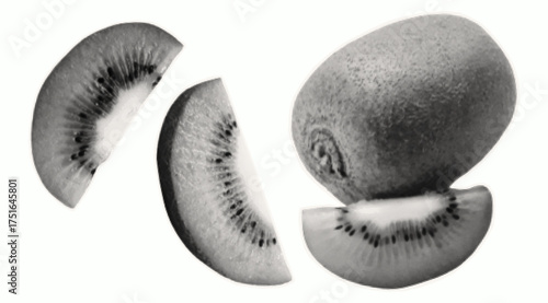 Kiwi, fresh, raw fruit. Paper cutouts from a magazine featuring a whole and half kiwi, photocopied. Tropical plant, exotic fruit, organic product. Contemporary collage art, halftone sticker, vector.