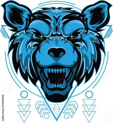 Roaring Bear Illustration: An illustration captures the ferocity of a bear, its intense eyes and fierce snarl conveying a powerful, untamed spirit against geometric shapes.
