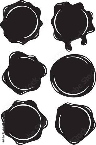 black Wax Seal Set – Glossy Stamp Icons with Irregular and Circular Contours for Formal Design