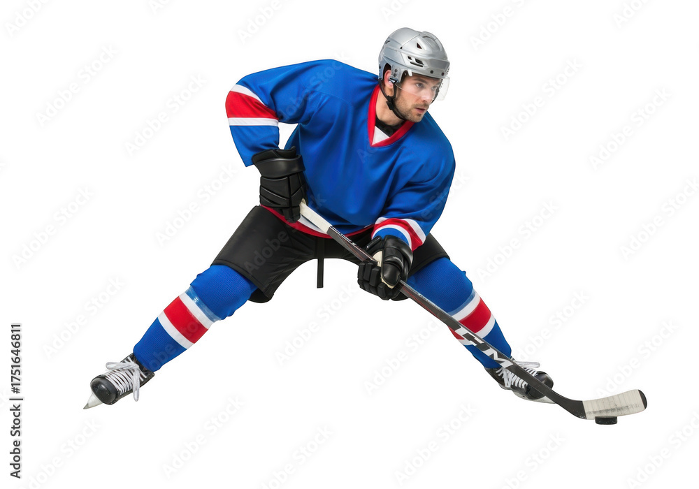 Naklejka premium Hockey player in blue jersey isolated on transparent background