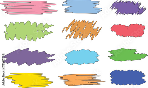 Collection of twelve colorful abstract hand drawn brush stroke paint splatters and smudges on a white background