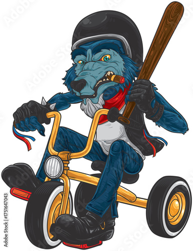 Wolf biker on tricycle: A fierce wolf, clad in biker attire and gripping a bat, cruises on a tricycle, his demeanor a blend of menace and playful mischief.
