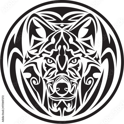 Tribal Wolf in Circle: A striking tribal design presents a wolf's face within a circular frame, emphasizing intricate patterns and cultural artistry.