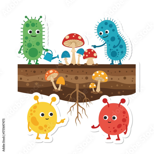 Cheerful cartoon microbes tending to colorful mushrooms growing in soil, a whimsical illustration.