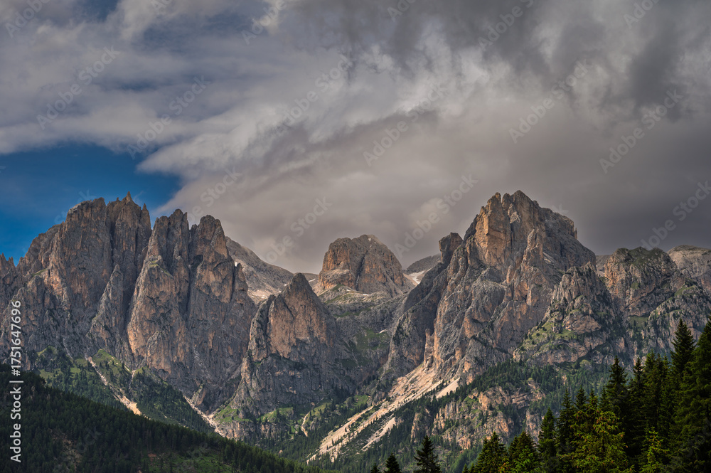 Fototapeta premium moutain Catinaccio range seen from Pozza di Fassa with a cloudy sky in the background, Val di Fassa, Trento, Italy