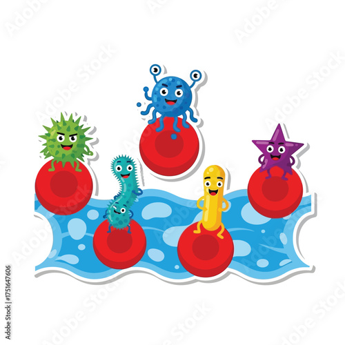 Cartoon depiction of various microbes and germs riding on red blood cells in a blue fluid, possibly blood.