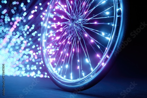 Spinning bike wheel illuminated by vibrant lights creates dynamic motion effects