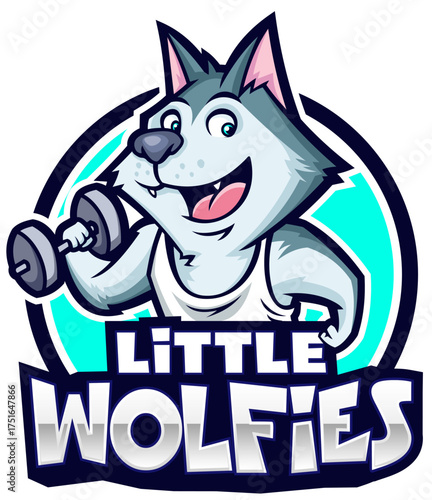Animated Little Wolfies Training: A charming cartoon wolf character flexing its muscles with a dumbbell, showcasing the energetic world of little wolfies fitness, ready for a fun workout session!
