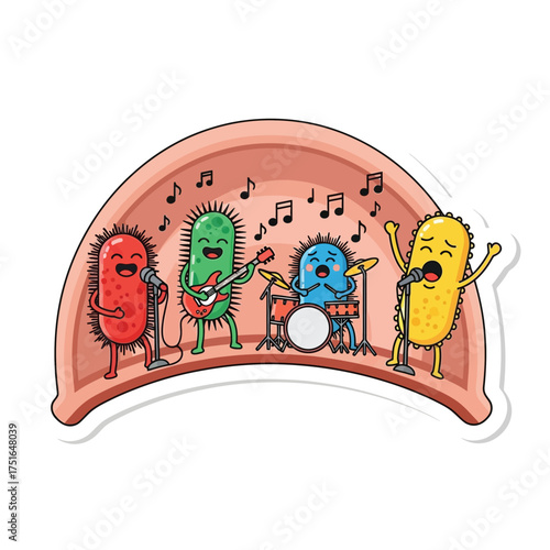 A cartoon band of bacteria performs music on a stage, singing and playing instruments.
