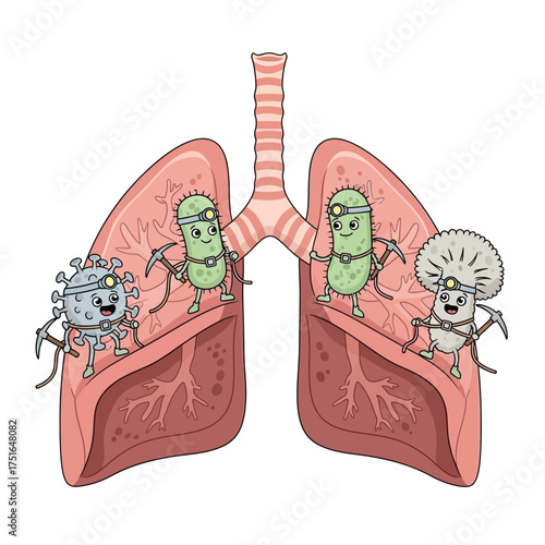 Cartoon illustration depicts microbes with tools inside human lungs, suggesting infection and respiratory health issues.
