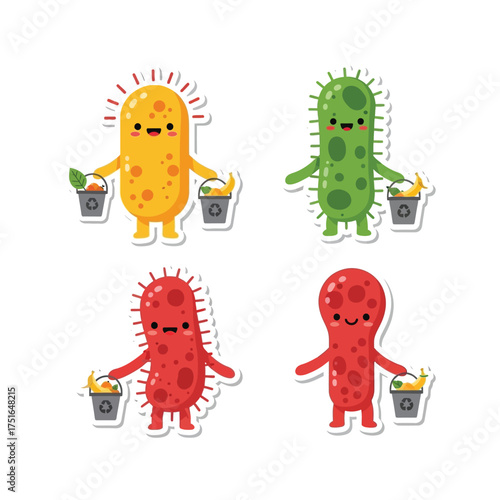 Four cartoon bacteria characters, each holding a recycling bin filled with waste. They are yellow, green, and two shades of red.