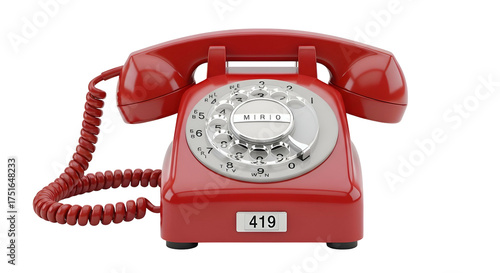 Bright red vintage rotary telephone on a transparent background
