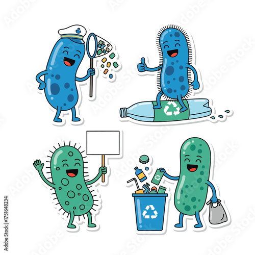 Cartoon microbes promoting environmental protection: one catches trash, another recycles, one protests, and another disposes of waste.