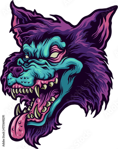 Wild Wolf Illustration: A striking illustration of a ferocious wolf's head, with vibrant colors and detailed features that bring the wild animal to life.