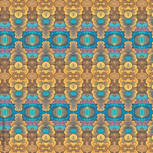 Golden and blue ornamental 3D abstract pattern, intricate shapes with symmetry and depth. Perfect for wallpaper, textiles, or digital backgrounds. Keywords: golden, blue, pattern, 3D, symmetry