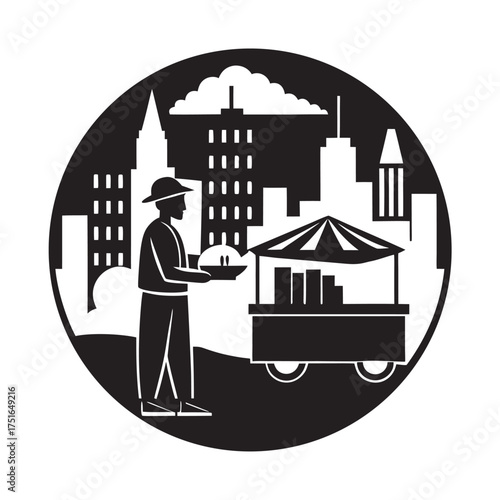 Street Vendor In Downtown Silhouette Illustration