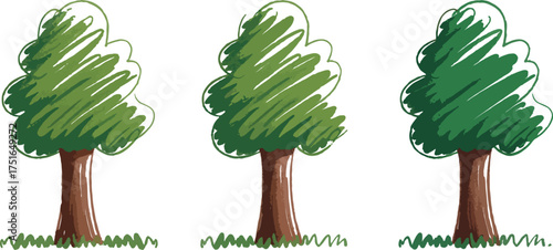Three trees stand side by side, each with a unique shade of green foliage and a sturdy brown trunk, creating a simple yet charming illustration