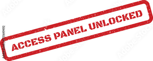 Red access panel unlocked grunge stamp vector, angled perspective industrial equipment control