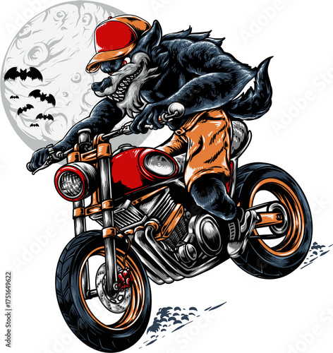 Werewolf on Motorcycle: A ferocious werewolf, donned in a stylish cap, fearlessly rides a vintage motorcycle under the eerie glow of a full moon. Surrounded by bats.