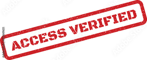 Red access verified rubber stamp with grunge texture, skewed perspective, and rounded rectangle