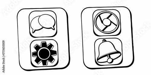 Two stylized panels with icons including chat bubbles, gear, fan blades, and a bell in black and white