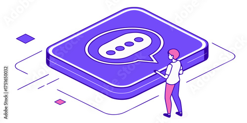 Isometric illustration of a person interacting with a large chat bubble icon on a platform design