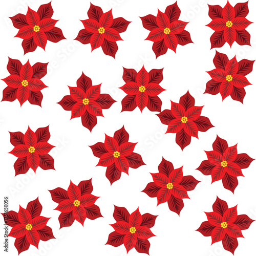 A pattern of bright red flowers with dark petals and yellow centers on a white background, giving a warm and elegant impression.