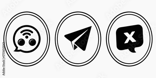 Three circular icons depicting wifi signal paper plane and a speech bubble with an x inside it