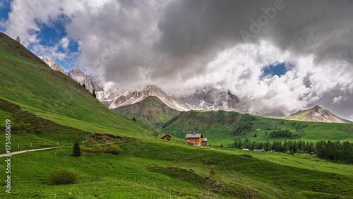 mountain nature sceneries along the trail that start from Passo San Pellegrino to Rifugio Fuciade, Val di Fassa, Trento, Italy