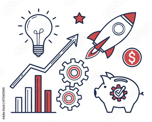 Illustration of business development with lightbulb, rocket, and piggy bank