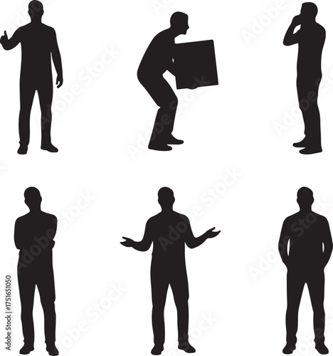 6 Black Male Silhouettes PNG Standing, Talking Carrying Confused and Thumbs Up Man Vector Collection for Design