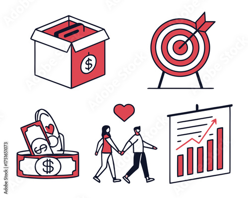 Illustration of charity and donation concepts, including love, target, and growth