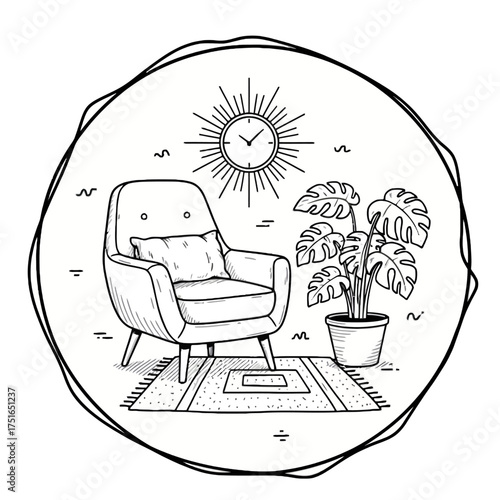 Retro Home Decor Badge: Hand-Drawn Mid-Century Armchair, Monstera Plant, and Sunburst Clock Vector