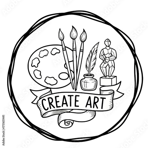 Retro Artistic Badge: Hand-Drawn Doodle of Art Supplies, Palette, Brushes, and Statue