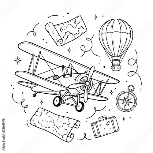  Vintage Flat Vector Illustration: Doodle Set of Travel, Biplane, Hot Air Balloon, and Map Icons